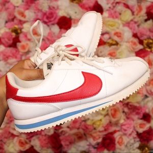 White, red, and blue Nike Cortez